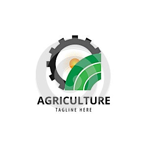 vector logo design illustration of Gear agriculture business, tractor farm, soil farm, crop field, pasture, milk, barn