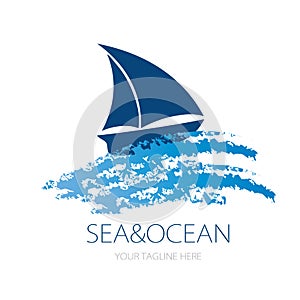 Vector logo design of ocean sea water beach summer sailing tourism for travel,tour, yacht, hotel ship
