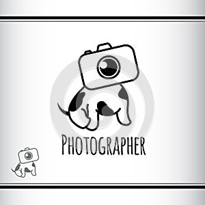 Vector logo design for photographer studio. Cute puppy with head like camera. Black and white. Dog with spots. Dog s photographer