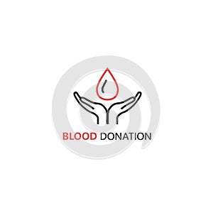 Vector logo design template in linear style - hands holding blood drop.