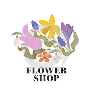 Vector logo design template of spring flowers like tulip, daffodil, snowdrop, primrose and grape hyacinth