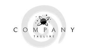 Vector logo on which an abstract image of an atom in the form of a planet with orbits.