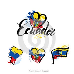 Vector logo for Ecuador country, fridge magnet with ecuadorian flag, original brush typeface for word ecuador, national