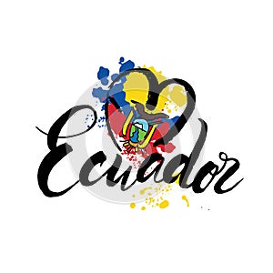 Vector logo for Ecuador country, fridge magnet with ecuadorian flag, original brush typeface for word ecuador, national