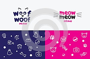 Vector logo, emblem, label design elements for pet shop, zoo shop, pets care and goods for animals. woof woof, meow meow