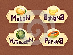 Vector logo for exotic thai fruits, fruits from thailand, packaging sticker, decorative badge with thai fruits illustration. Melon