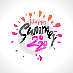 Vector logo Happy Summer 2020. Bright drops the rays of the sun scatter in a circle.