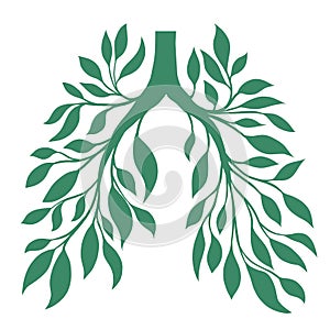 Vector logo human lungs from leaves and branches. Clean natural air. Save the earth and the environment. Silhouette of healthy