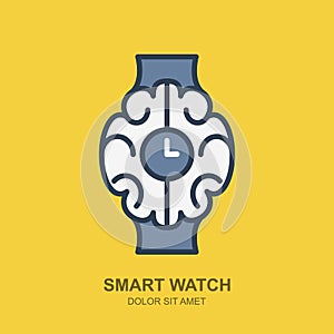 Vector logo icon with brain and clock. Smart watch outline flat illustration.