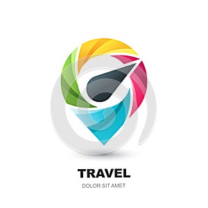 Vector logo icon with compass pin map. Geo point location marker. Concept for vacation, travel and tourism business.