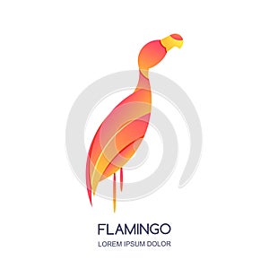Vector logo icon or emblem with abstract pink tropical bird flamingo. Isolated design element