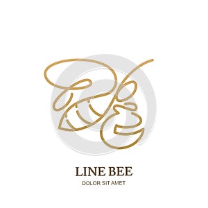 Vector logo icon or emblem with golden honeybee and honey pot. Abstract design template. Outline bee illustration.