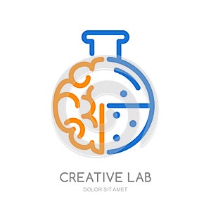 Vector logo, icon, symbol with brain and lab flask.