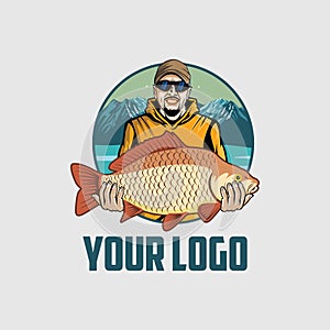 Vector logo illustration angler with carp sport fishing