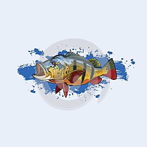 Vector logo illustration jumping peacock bass fishing