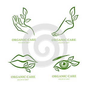 Vector logo, label, emblem set. Female hand, foot, eye, lips with green leaves, .