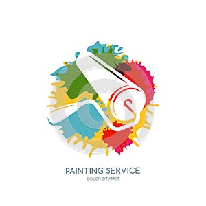 Vector logo, label, icon or emblem design element. Paint roller on watercolor paints splash background.