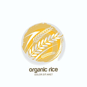 Vector logo, label or package emblem with rice, wheat, rye grains. Asian agriculture, cereal products, bread and bakery