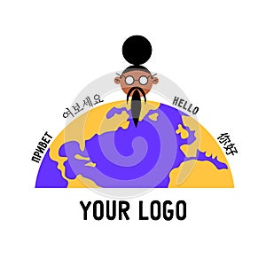 Vector logo for the language school. Flat vector funny wise old man and planet Earth with different languages.