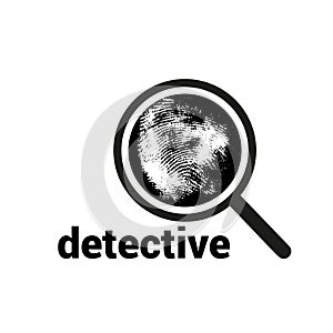 Vector logo with magnifier, fingerprint and inscription. Investigation by fingerprint magnifier, crime. Loupe is a