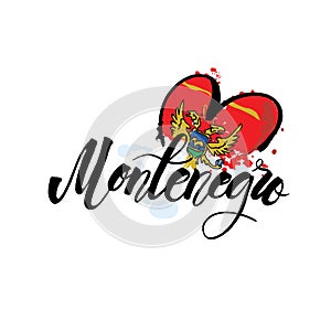 Vector logo for Montenegro, fridge magnet with montenegrin flag, original brush typeface for word montenegro, national