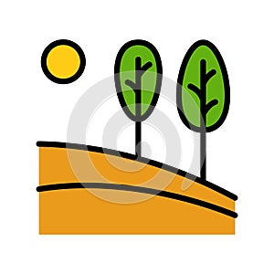 Vector logo of nature in color style. Flat icon of simple landscape with trees, sun, fields - business emblems, badge for a travel
