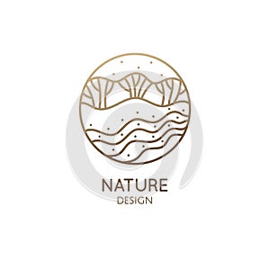 Vector logo of nature elements in linear style. Linear icon of landscape with trees, river, fields