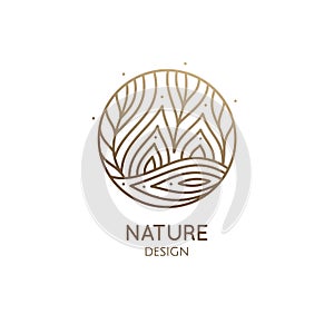 Vector logo of nature elements in linear style. Linear icon of landscape with trees, river, fields or lake.