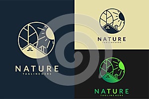 Vector logo of nature house elements in linear style. Linear icon of landscape with fields and trees with river and house -