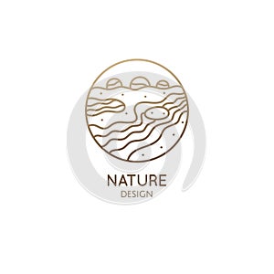 Vector logo of nature in linear style. Outline icon of landscape with river, trees, outdor - business emblems, badge for