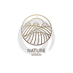 Vector logo of nature in linear style. Outline icon of simple landscape with sun, fields, trees - business emblems