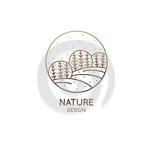 Vector logo of nature in linear style. Outline icon of winter landscape with trees,sun,fields,snow - business emblems