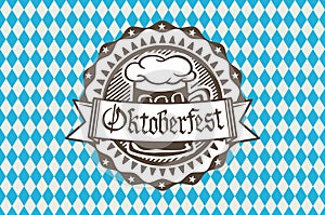 Vector logo for Oktoberfest in the pub or bar during the fest, beer mug with foam filled to the brim