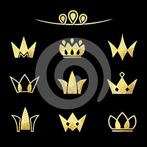 Vector logo set. Crowns in a gold foil texture