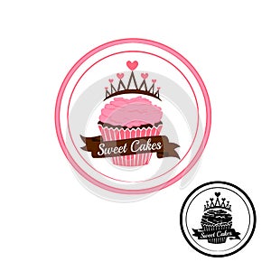 Vector logo set with cupkake and crown for bakery.