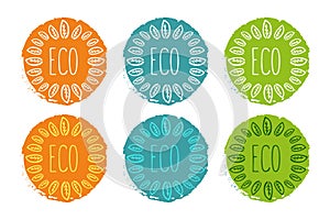 Vector logo set of labels in orange, green and blue colors.