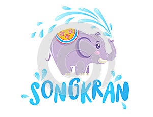 Vector logo for Songkran festival in Thailand with elephant on isolated background. Emblem for Songkran water festival