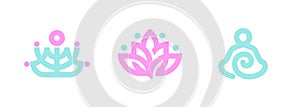 Vector logo templates set of stylized meditating human silhouettes and blooming lotus flower. Abstract simple emblem for yoga