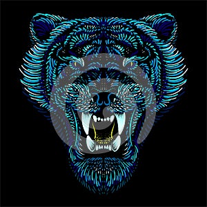 The Vector logo tiger for tattoo or T-shirt design or outwear.  Hunting style big cat print on black background.  2022 new year of