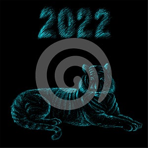 The Vector logo tiger for tattoo or T-shirt design or outwear.  Hunting style big cat print on black background.  2022 new year of