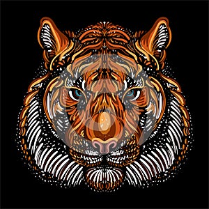 The Vector logo tiger for tattoo or T-shirt design or outwear.  Hunting style big cat print on black background.