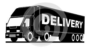 Vector logo truck, fast delivery of goods. Logo, emblem, banner of the logistics center, delivery, cargo, heavy weight. Black and