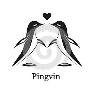 Vector Logo of two penguins in love with a heart. Black and white concept.