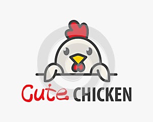 Vector Logo of Ñute funny smiling cartoon chicken. Modern humorous logo template with image of the rooster. Poultry farm logo.