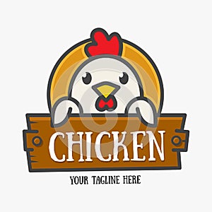 Vector Logo of Ñute funny smiling cartoon chicken. Modern humorous logo template with image of the rooster. Poultry farm logo..