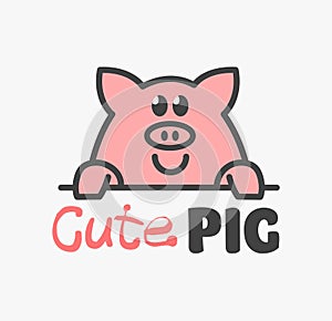 Vector Logo of Ñute funny smiling cartoon pig. Modern humorous logo template with image of the pork. Butchery logo