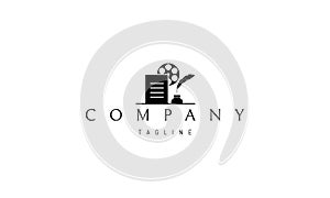 Vector logo on which the abstract image of the script for the film in the form of a sheet with a script, video film and