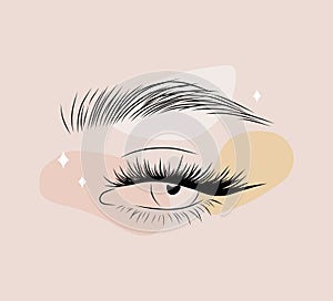 Vector logotype design for eyelashes extension studio. Hand drawn female eyes. Modern design for beauty salon. Linear