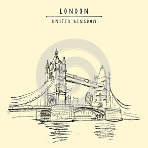 Vector London, England, United Kingdom touristic postcard. Famous Tower bridge on the river Themes. British travel sketch drawing