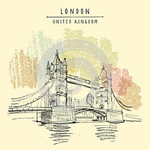 Vector London, England, United Kingdom touristic postcard. Famous Tower bridge on the river Themes. British travel sketch drawing